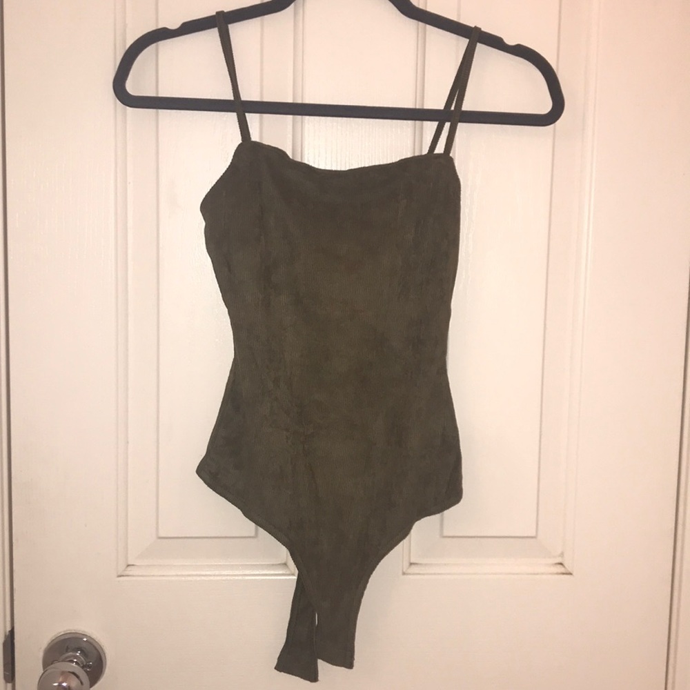 Kittenish Addison Faux Suede Bodysuit in Olive